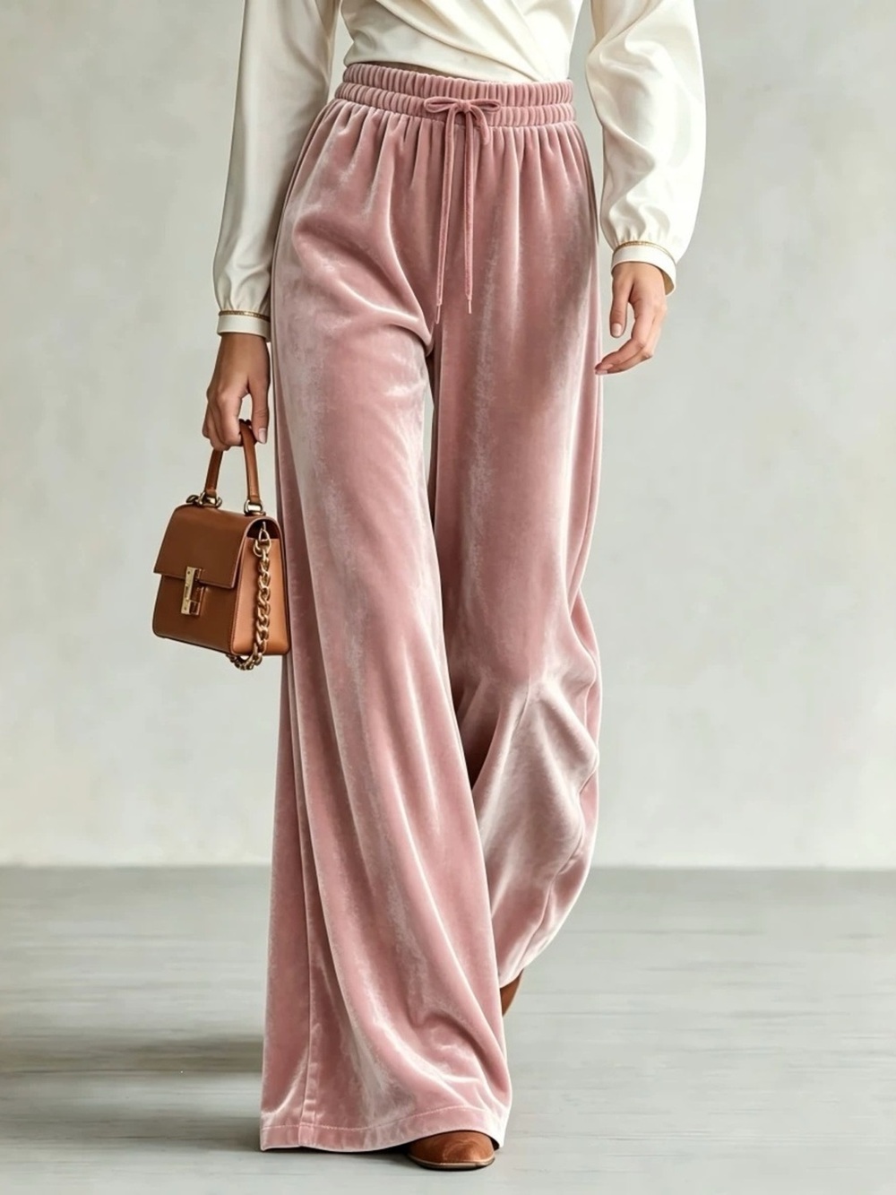Velvet Wide-Leg Pants with Drawstring